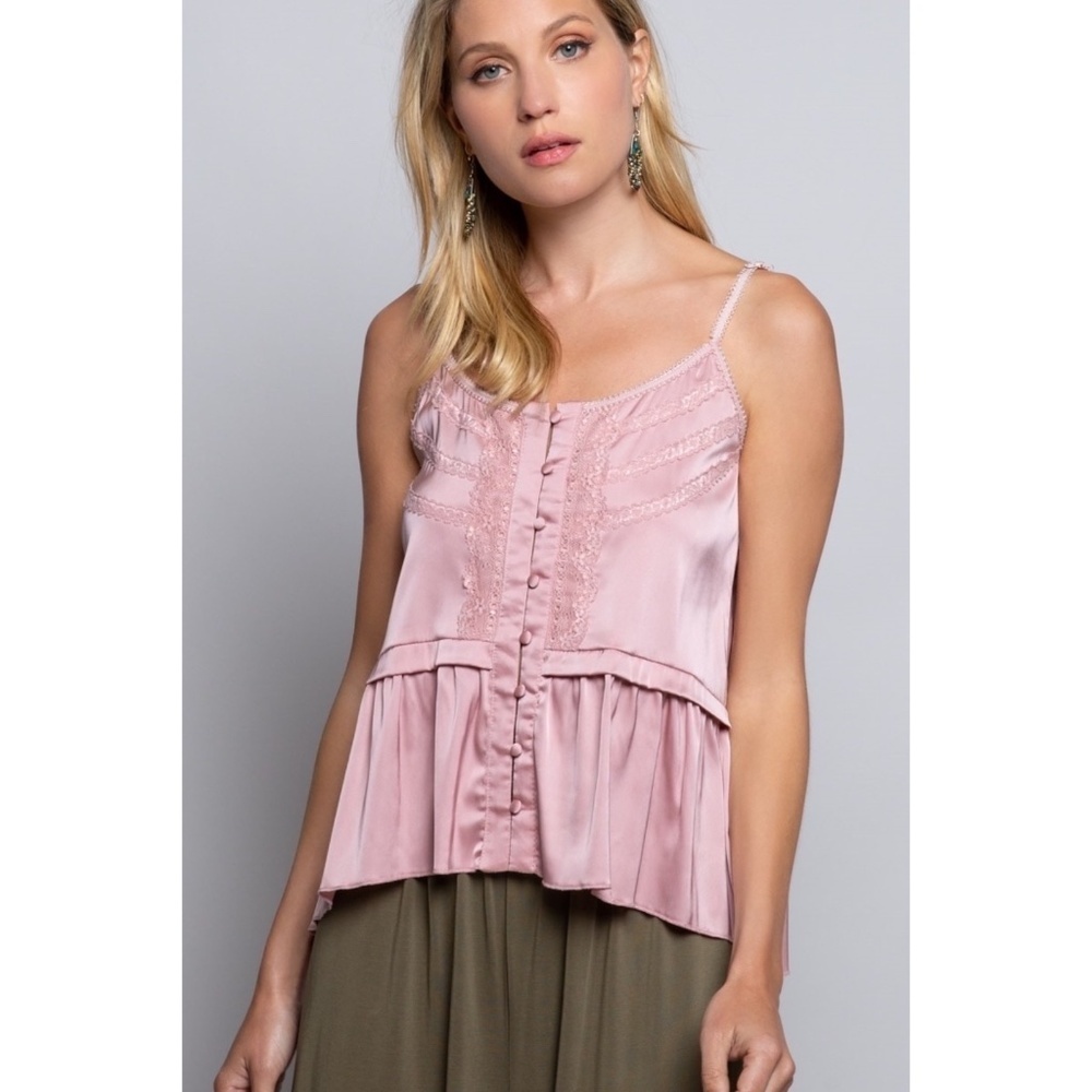 POL Pink Satin Button Front Cami Top with Lace - Picture 7 of 8